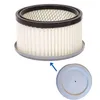 A cylindrical air filter with a gray base is shown against a white background. A smaller circular metal component is shown below and to the right, with a blue arrow pointing from the filter to it. Produktbild-Vorschau