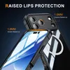 A close-up marketing image of a black phone case, highlighting its raised lip protection for the screen and camera. Produktbild-Vorschau