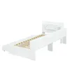 A white single bed frame with a slatted base and a headboard with shelves, shown from a diagonal angle against a white background. Produktbild-Vorschau