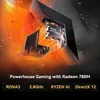 A stylized, abstract representation of a computer processor with glowing orange accents, set against a dark background with scattered light particles. Below the graphic, text highlights product features. Produktbild-Vorschau