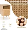 A wooden nightstand with a rattan door is shown, along with descriptive text and icons highlighting its features. Several logs are also visible. Produktbild-Vorschau