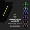 A close-up of a black kitchen hood with LED lights, showcasing different color options. Produktbild-Vorschau