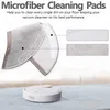 A white robot vacuum cleaner is shown on a light blue surface, with microfiber cleaning pads and close-up views of their texture displayed above. Podgląd zdjęcia produktu