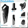 A collage of a cordless vacuum cleaner and its accessories, with labels in German. Produktbild-Vorschau