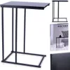 A black side table with a wooden top is shown from the front. The table has a C-shaped frame and three vertical supports connecting the frame to the tabletop. In the background, there are two smaller images of the same table, one showing its silhouette and Podgląd zdjęcia produktu