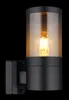 A black outdoor wall lamp with a cylindrical amber glass shade and a visible filament bulb, set against a black background. Náhled obrázku produktu