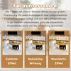 Three images of a round coffee table set, each with different lighting effects labeled below. Produktbild-Vorschau