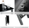 A collage of four images showcasing different features of a seating group, including a table with glasses and a bottle, a close-up of fabric with water droplets, a folded chair, and the base of the table with adjustable feet. Produktbild-Vorschau