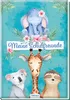 A watercolor illustration of cute cartoon animals (elephant, giraffe, koala, sloth) with flowers and leaves on a blue background. A banner with German text is held by the giraffe. Produktbild-Vorschau