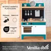 A toy kitchen with certifications and branding information. Produktbild-Vorschau