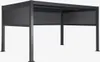 A dark grey bioklimatic pergola with side screens, shown from a front-side angle against a white background. Produktbild-Vorschau