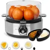 An egg boiler with multiple eggs inside and a view of different cooked egg consistencies. Produktbild-Vorschau