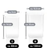 Two clear plastic food storage containers of different sizes are shown side-by-side with measurement labels indicating their dimensions and capacities. Produktbild-Vorschau