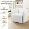 A white sherpa armchair is shown in a room with a window and a bookshelf in the background. Text overlays describe the features and benefits of the chair. Podgląd zdjęcia produktu