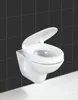A white toilet seat with the lid open, mounted on a black tiled wall and white tiled floor. Produktbild-Vorschau
