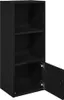 A black wooden cabinet with two shelves and one door open. Náhľad obrázku produktu