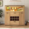 A wooden sideboard with a glass display cabinet and wine rack, illuminated by LED lights. Anteprima dell’immagine prodotto
