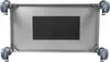 The image shows the underside of a stainless steel serving trolley with wheels. Voir les images du produit