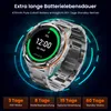 A smartwatch is shown in the center, with text overlays highlighting its battery life and features. Produktbild-Vorschau