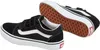 A pair of black Vans Old Skool V sneakers with white accents and soles, shown from a side and underneath angle. Voir les images du produit