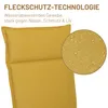 A close-up of a yellow cushion with water droplets on it, highlighting its water-repellent feature. Text describes the 'stain protection technology' and 'water-repellent fabric'. Produktbild-Vorschau