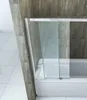 A close-up view of a sliding shower door installed on a bathtub. Produktbild-Vorschau