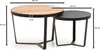 Technische Zeichnung des zweiteiligen Couchtisch-Sets mit rundem Akazien- und Steinoptik-Tisch auf Metallgestellen. Produktbild-Vorschau