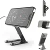A collage of images showing a phone stand with a phone attached, displaying a clock and calendar. Different angles and a close-up of the phone attachment are shown. Produktbild-Vorschau