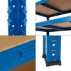 A collage of four close-up images showing details of a blue metal shelving unit with MDF shelves. Náhled obrázku produktu