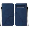 A blue flip-style phone case with a geometric pattern is shown open, displaying its interior card slots and a strap. Produktbild-Vorschau
