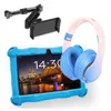 A tablet with a blue protective case, headphones, and a tablet holder are displayed against a white background. Produktbild-Vorschau