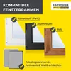 The image shows three different window frame types (white PVC, black aluminum, and brown wood) with checkmarks indicating compatibility. It also shows two grey squares representing telescopic frames in anthracite and white. Produktbild-Vorschau