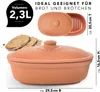 A terracotta bread pot with sliced bread next to it, and measurement indicators. Produktbild-Vorschau
