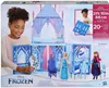 The image shows the packaging of a Frozen-themed toy castle with dolls and accessories. A young girl is smiling and holding a doll in front of the castle. Náhľad obrázku produktu