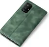A green flip cover case for a Samsung Galaxy A71 phone, shown from a diagonal angle on a white background. Produktbild-Vorschau