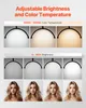 Collage showing adjustable brightness and color temperature of a ring light, with examples of its effect on a person's face. Produktbild-Vorschau