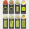 A collage of different attachments and food preparations for a vegetable slicer. Náhled obrázku produktu