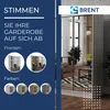 A marketing image for a wardrobe, showing different front options and color choices, with a lifestyle shot of a room with a wardrobe in the background. Produktbild-Vorschau