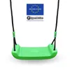 A green swing seat with black ropes suspended against a white background. There are two logos at the top of the image. Produktbild-Vorschau