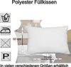 A white polyester pillow is shown on a bed with decorative pillows in the background. Care instructions and dimensions are displayed. Produktbild-Vorschau