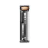 A black electric patio heater on a stand, with the heating element glowing orange. Náhled obrázku produktu