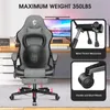 A gaming chair is shown with a kettlebell placed on it to demonstrate its weight capacity. Insets highlight specific features like the metal thicken mechanism and flexible wheels. Podgląd zdjęcia produktu