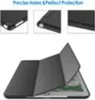 A black iPad case is shown in an open position, revealing the screen of an iPad inside. The case is folded to act as a stand. Above the case, there are three smaller inset images showing details of the case. Produktbild-Vorschau