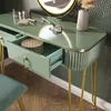 A vanity table with a mirror and makeup items, set in a room with patterned wallpaper. Produktbild-Vorschau