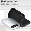 A black phone case is shown being placed onto a white smartphone, with text describing its features. Produktbild-Vorschau