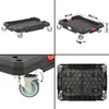 A collage of four images showing a black rolling platform with wheels from different angles, including close-ups and a view of its underside, with dimensions indicated in one image. Náhled obrázku produktu