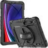 A black protective case for a tablet is shown from two angles against a white background. The tablet is partially visible inside the case on the left, and the case is shown with its stand and hand strap deployed on the right. Produktbild-Vorschau