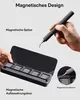 A hand holding a black electric screwdriver with a bit attached, hovering over a black storage case filled with screwdriver bits. Text overlays describe features. Náhled obrázku produktu