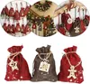 Collage of Christmas advent calendars, showing small fabric bags decorated with wooden ornaments, some hanging on a string and others displayed individually. Podgląd zdjęcia produktu