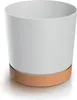 A white cylindrical planter with a brown base sits on a white surface. Anteprima dell’immagine prodotto